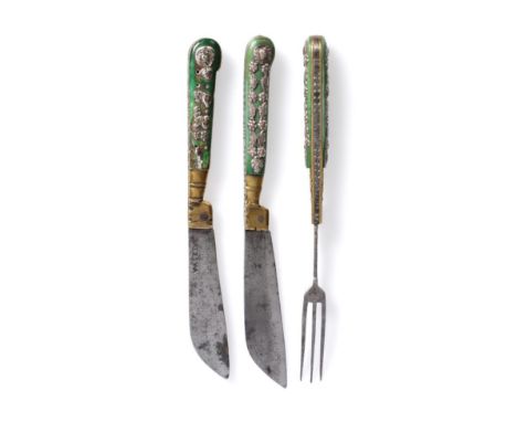 A German Green Stained Bone and Silver-Handled Travelling Knife and Fork, mid 18th century, the pistol shaped handles applied