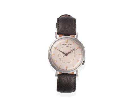 A Stainless Steel Alarm Centre Seconds Wristwatch, signed Jaeger LeCoultre, 1954, (calibre P489) lever movement signed and nu