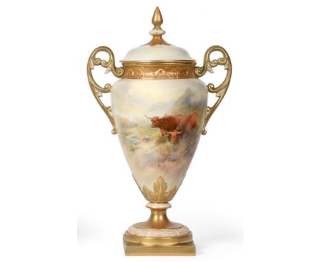A Royal Worcester Porcelain Vase and Cover, painted by John Stinton, 1911, of baluster form with twin scroll handles, painted