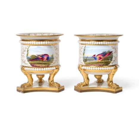A Pair of Flight, Barr & Barr Worcester Porcelain Vases, circa 1820, of campana form, painted with exotic birds in landscape 