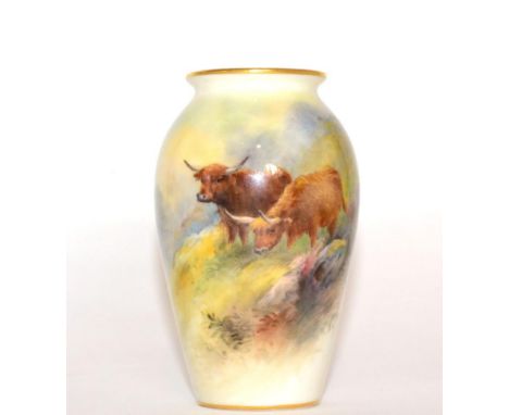A Royal Worcester Porcelain Bottle Vase, painted by Harry Stinton, 1919, painted with highland cattle in landscape, signed, p