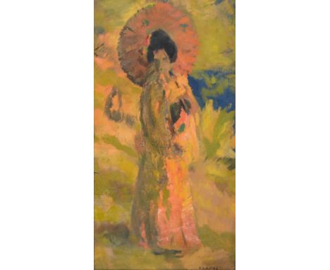Jacob Kramer (1892-1962) Portrait of a Japanese lady, full-length, wearing a kimono and holding a parasol Signed, oil on boar