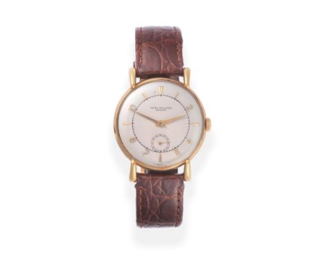 A Good 18ct Gold Wristwatch with Teardrop Lugs, signed Patek Philippe, Calatrava, circa 1950, lever movement stamped twice wi