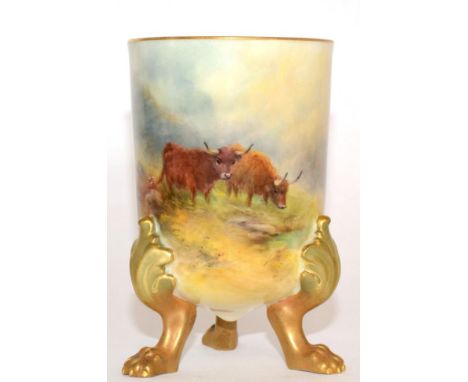 A Royal Worcester Porcelain Vase, painted by Harry Stinton, 1916, with highland cattle in landscape, on three paw feet, signe