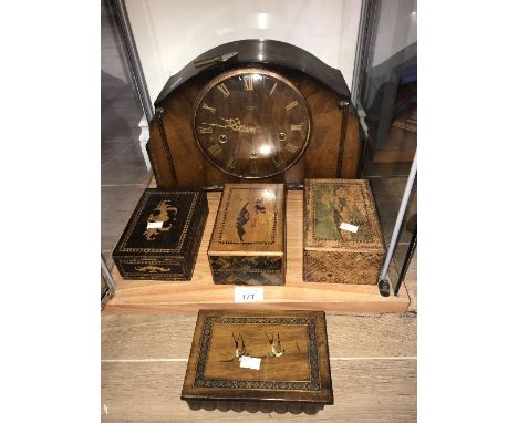 4 INLAYED BOXES & MANTLE CLOCK