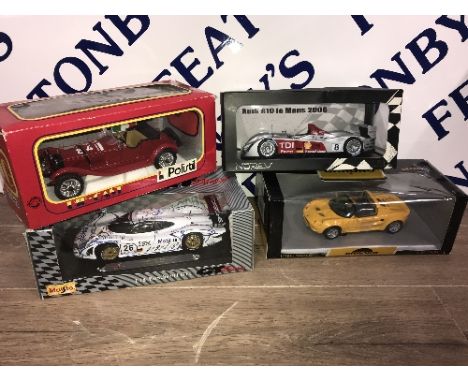 4 BOXED RACING CARS (DIE-CAST) INCLUDING NOREVC AUDI R10 LE MANS (1:18 SCALE)