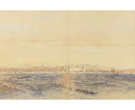 Attributed to Admiral James Stoddart (1813-1892)A costal fortification, thought to be Elmina Castle, Ghana watercolour with t