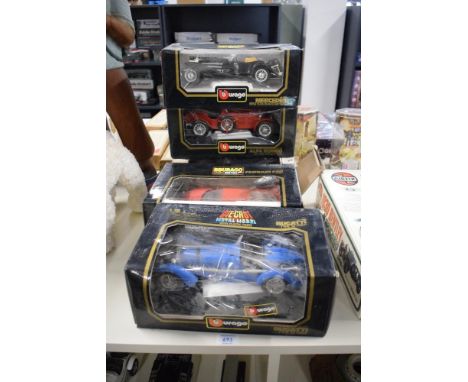 Five Burago 1:18 scale die-casts, 3005 1934 Bugatti Type 59, 3014 1931 Alfa Romeo 8C 2300 Monza, 3020 1936 Mercedes Benz 500K