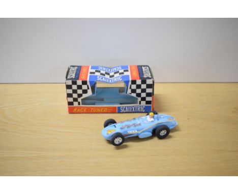 A Tri-ang Scalextric Race Tuned Car, C77 Offenhauser Front Engine in light blue with racing number 4 and Titan with Sheraton 