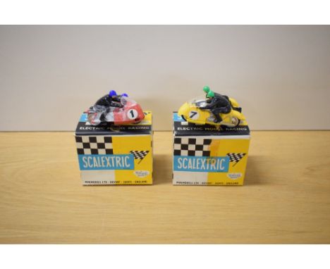 Two Tri-ang Scalextric Sidecars, B1 Typhoon in red with racing number 1 and the riders wearing blue helmets and B2 Hurricane 