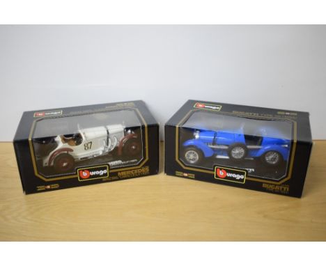 Two Burago 1:18 scale die-casts, 3002 1931 Mercedes Benz SSKL Caracciola and 3005 1934 Bugatti Type 59, both in window displa