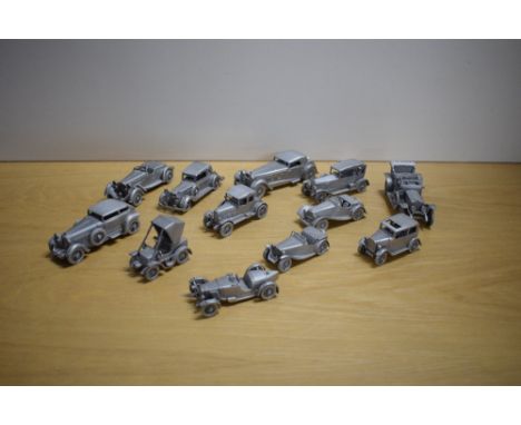 Twelve Danbury Mint 1:43 scale Pewter Vintage Cars, 1924 Vauxhall, 1934 Austin 7, 1931 Daimler Double Six and similar