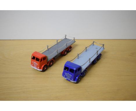Two repainted Dinky Foden Flat Bed Wagons with Chains, in red and blue both with grey beds