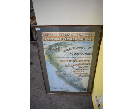 A reporoduction Railway Poster, Lancashire &amp; Yorkshire Railway and Liverpool Overhead Railway, glazed and framed, 59cm x8