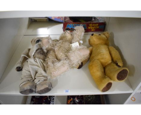 Three mixed vintage Teddy Bears, mid 20th century straw filled, yellow plush, stitch nose, plastic eyes and jointed body, hei
