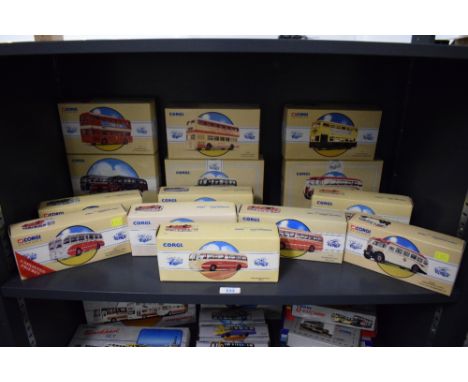 Fourteen Corgi Classics die-cast Buses, 97069 Whittles Set, 97106 The Fred Bibby, 97170 Woods, 97171 Neath &amp; Cardiff97173