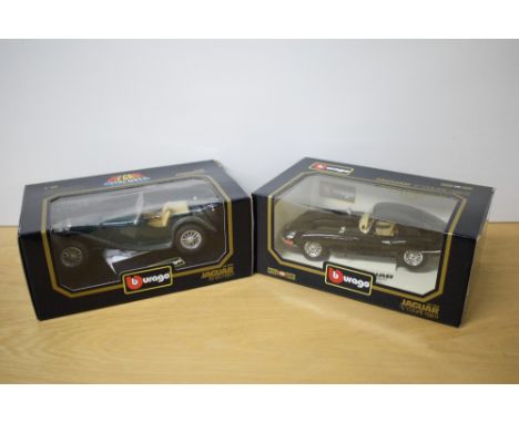 Two Burago 1:18 scale die-casts, 3006 1937 Jaguar SS100 and 3018 1961 Jaguar E Coupe, both in window display boxes