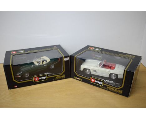 Two Burago 1:18 scale die-casts, 3016 1961 Jaguar E Cabriolet and 3023 1957 Mercedes Benz 300SL Roadster, both in window disp