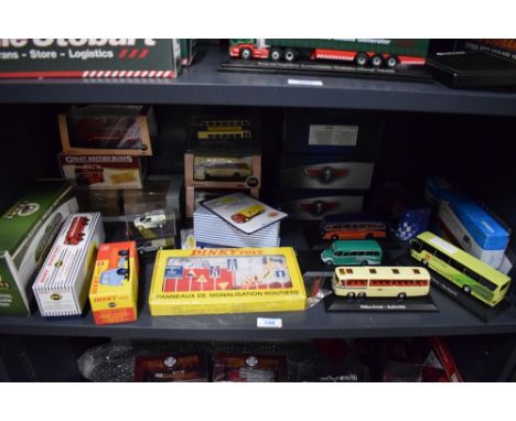 A shelf of modern die-casts including Atlas Dinky 435 Bedford TK Tipper, Heinz Guy Warrior Van, Leyland Octopus Esso Tanker a