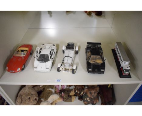 Four 1:18 scale die-cast, Burago 1961 Jaguar E Type, 1928 Mercedes Benz SSK, Tonka Polistil Lamborghini Countach x2 in black 