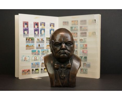 A Winston Churchill resin bust together with a collection of 1974 Commonwealth Churchill stamp sets. 