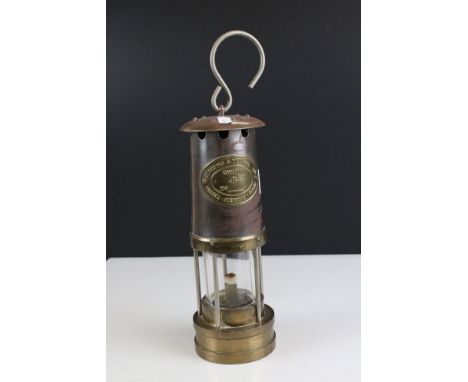 Original Brass and Metal Welsh Miners Lamp marked ' Thomas &amp; Williams Ltd, Aberdare and Cambrian ' and etched number 1173
