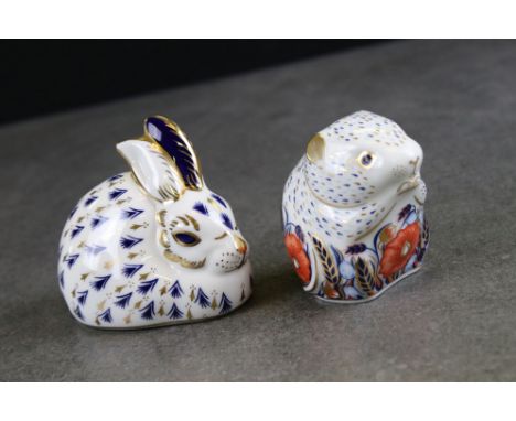 Two Royal Crown Derby Ceramic Paperweights - Collectors Club Exclusive ' Poppy Mouse ' and Rabbit, both with gold stoppers 