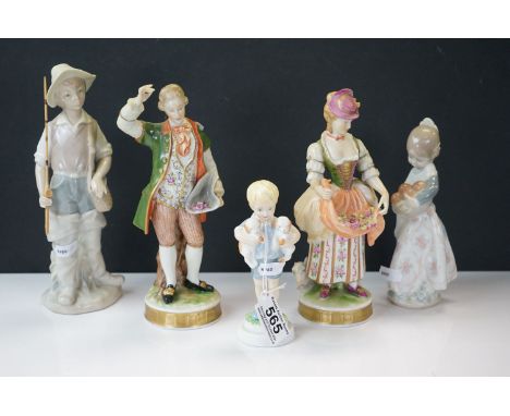 Two Lladro ceramic figurines together with a Royal Worcester figure and two continental figures. 