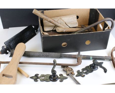 Box of vintage tools and ironwork &amp; a vintage pump 