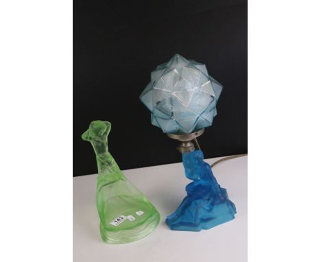 Art Deco Walther and Sohne Blue Glass Table Lamp in the form of a Seated Lady with a Faceted Blue Glass Shade, 41cms high tog