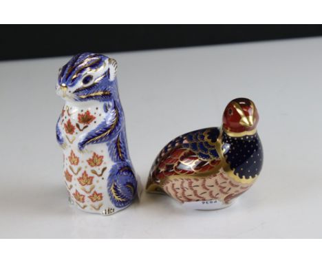 Two Royal Crown Derby Ceramic Paperweights - Limited Edition Partridge and Chipmunk, both with gold stoppers 