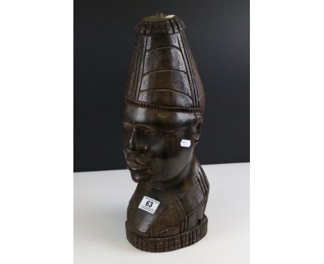 Nigerian Tribal Hardwood Carved Lamp Base in the form of a Man's Head, 43cms high 