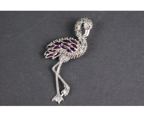 Silver and enamel set flamingo brooch 
