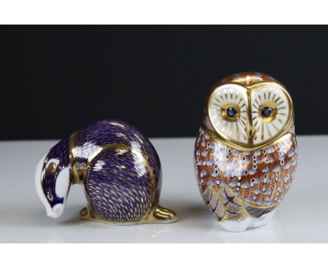 Two Royal Crown Derby Ceramic Paperweights - Barn Owl and Badger, both with gold stoppers 