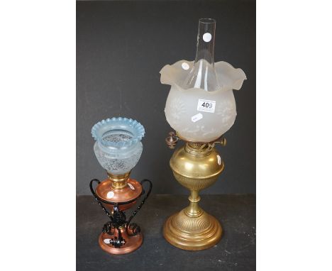 Hinks Brass Oil Lamp with Opaque White embossed tulip shaped shade and chimney, overall height 57cms high together with Coppe