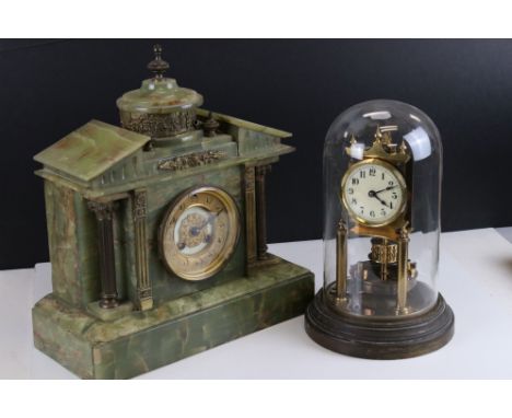An antique green onyx mantle clock together with an anniversary example. 