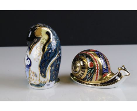 Two Royal Crown Derby Ceramic Paperweights - Penguin and Chick (gold stopper) and Garden Snail (limited edition) 