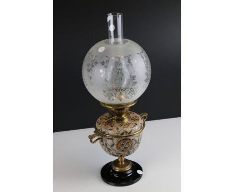 Victorian Doulton Lambeth stoneware Oil Lamp by Edith Lupton dated 1883 (marks to base of drop in font), brass mounts and flo