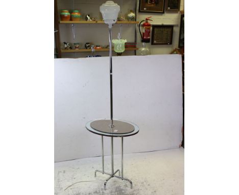 Art Deco period Chrome and Mirrored Standard Lamp Table with Glass Shade, 177cms high 