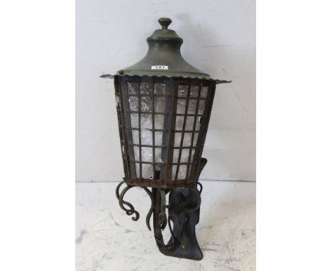 Wrought Iron Wall Mounted Lantern on scrolling bracket, 72cms high 