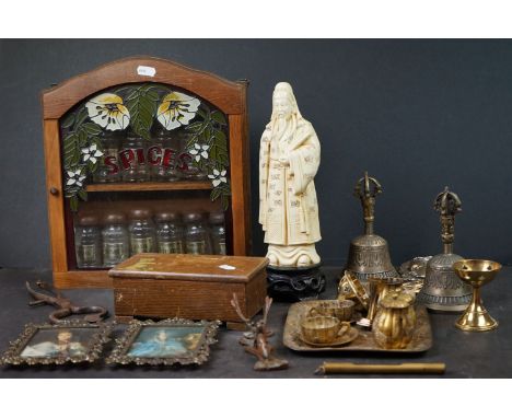 A box of mixed collectables to include oriental resin figure, a quantity of mixed metalware, vintage wooden cigarette box, sp