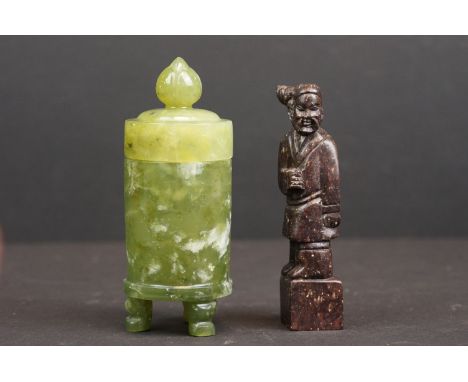 An ornate carved jade lidded jar together with a seal. 