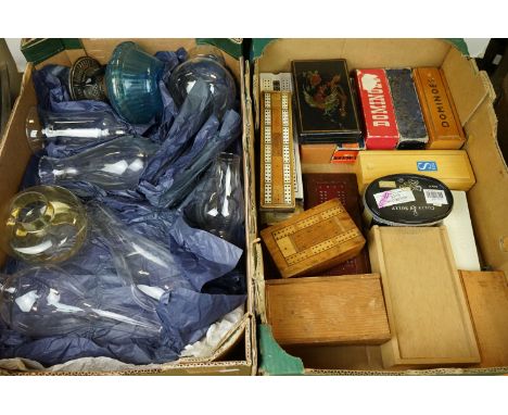 Quantity of oil lamp chimneys &amp; an oil lamp base (8) together with Quantity of games, to include four sets of wooden ches