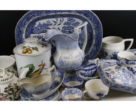 Five Large Tubs of mainly Blue and White Ceramics including Copeland Spode, Willow Pattern, Meat Plates plus Portmeirion Pomo