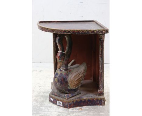 Indian Wooden Painted Corner Shelf supported by a Carved Swan with Copper and Brass Mounts, 45cms high 