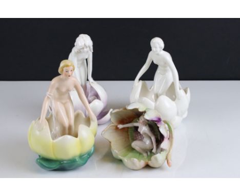 Four Art Deco Ceramic Nude Ladies stood within Lotus Flowers, tallest 16cms high 