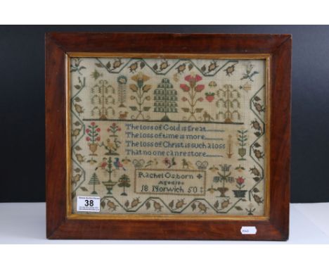 Mid 19th century Needlework Sampler by Rachel Osborn, Norwich, aged 10, dated 1850 incorporating a verse and floral and bird 