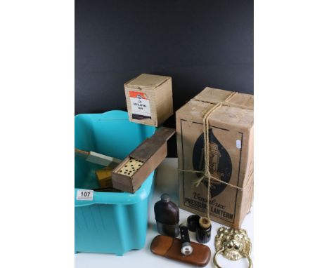 Mixed Lot including Boxed Vapalux Pressure Lantern, Wooden Cased Set of Bone and Ebony Dominoes, Slide Rules, Cut Throat Razo