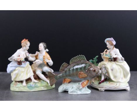 Beswick Perch, model no. 1875 (repair to one fin) together with Two Continental Porcelain Figure Groups 