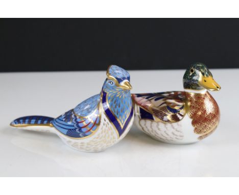 Two Royal Crown Derby Ceramic Paperweights - Mallard Duck (silver stopper) and Blue Jay (gold stopper) 